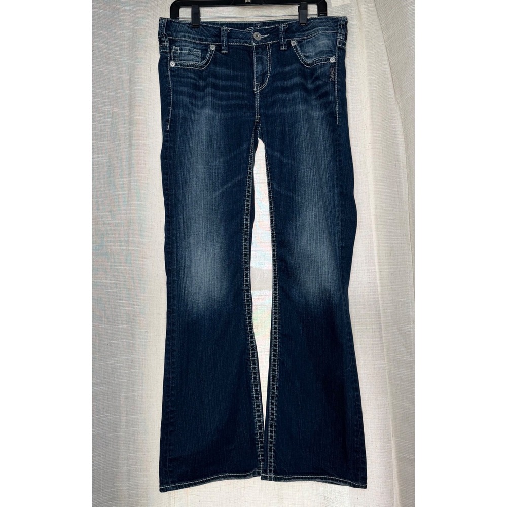Silver Jeans‎ Aiko Flare Dark Wash Contrast Stitch Dark Blue Denim Women's 30x31